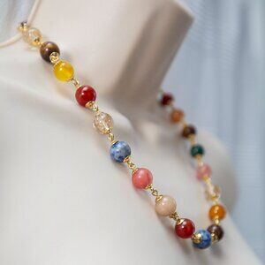 Earth Toned Multi Colored Glass Bead and Gold Stationed Necklace
